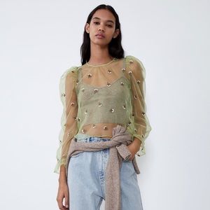 ZARA Embroidered Balloon Sleeve Top